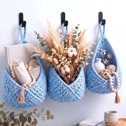 Image of Honeydak 3 Hanging Baskets, Light Blue, Triangle, Cotton Rope
