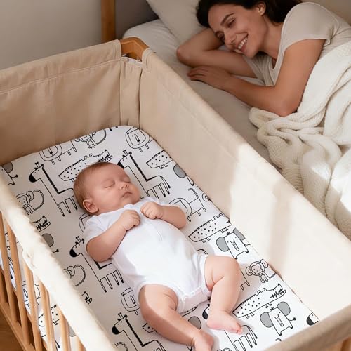 Image of 3 Pack Baby Bassinet Sheets for Baby Boy Girl, 32 inch x 16 inch Bassinet Mattress Sheets, Compatible with Round, Oval, Hourglass, Rectangle Mattress, Fitted Bassinet Sheets (Grey Animals)