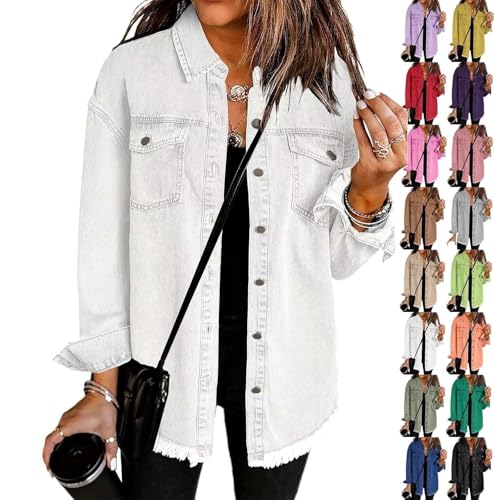 Meditatem Denim Jacket,Oversized Button Up Frayed Hem Shacket Streetweard Outerwear Casual Denim Button Distressed Jacket