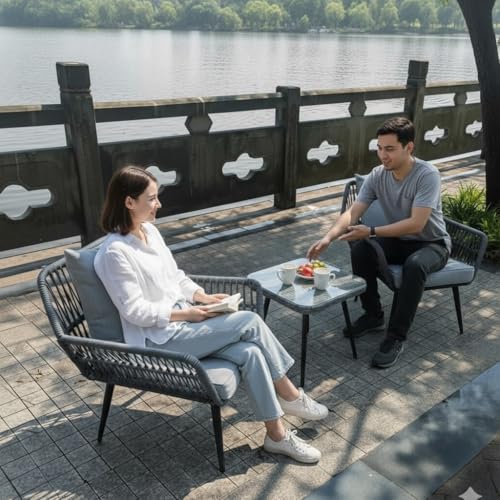 Image of LOCCUS 3 PCS Outdoor Rattan Furniture Set, Patio Wicker Bistro Chairs with Glass Table, All-Weather Conversation Set for Balcony, Terrace & Backyard (Grey)