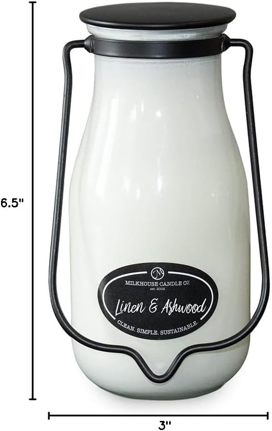 Milkhouse Candle Company Linen & Ashwood Soy Candle - Grey Musk | Dark Gilded Fruits | Tonka Bean & Amber Scented - 14 oz Milkbottle with Lid, 90+ Hour Burn Time, Made in the USA