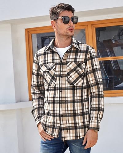 Image of WARHORSEE Flannel Shirt for Men Long Sleeve Button Down Plaid Shirts | Soft Cotton Blend for Multi-season Wear, Lightweight yet Warm, Dual buttoned storage pockets, Machine Washable Easy Care