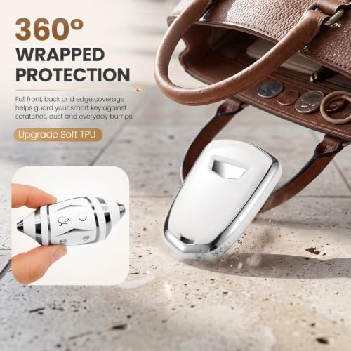 Image of Key Fob Cover for Cadillac, White Braided Loop, Silver Edge