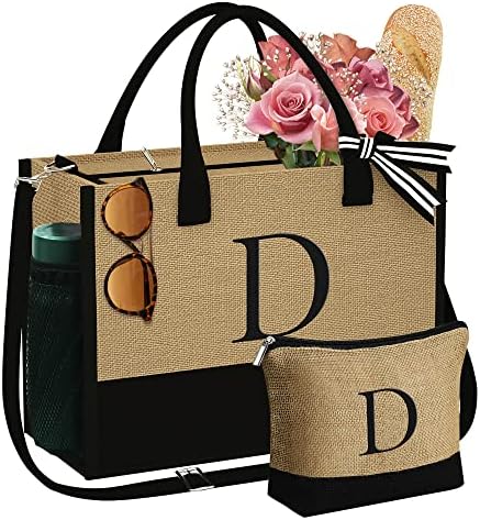 YOOLIFE Gifts for Her Wife - Initial Tote Bag Gifts for Women, Embroidery Initial D Jute Beach Tote Bag 30th 40th Birthday Gift for Her Mom Friend Teacher Appreciation Gift