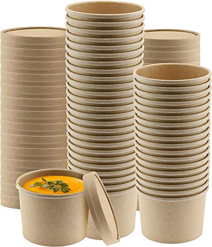 100 pcs Kraft 8oz Paper Ice Cream Cups [8oz, 100 Pack, WITH LIDS ] Soup Containers for Hot or Cold Food, Party Supplies Treat Cups for Sundae, Frozen Yogurt, Soup, Brown 8oz 12oz 16oz 26oz 32oz
