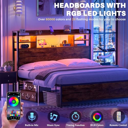 Image of Aheaplus Headboard for Full Size Bed with Storage and Outlets, Rustic Brown | Headboards with LED Light, Power Outlets, USB Ports Full Size Head Board, Wood headboard Only Sturdy and Stable Headboards