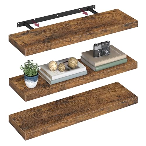 VASAGLE Wandregal, 3er Set, Schweberegal, Regalbrett, 20 x 80 x 3,8 cm, Wandboard für Bilderrahmen, Deko, Regal für Wohnzimmer, Arbeitszimmer, Küche, vintagebraun LWS28BX-3