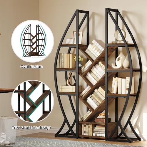 GOOBED Oval Bookshelf, Triple Wide 5 Tier Etagere Bookcase, Industrial Display Shelves Tree Bookshelf for Living Room, Bedroom, Home Office, Rustic Brown