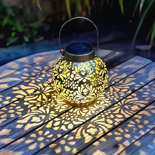 Image of 2 Pack Outdoor Solar Hanging Lantern Lights Metal LED Decorative Lamp for Garden Patio Courtyard Lawn and Table with Hollowed-Out Design (Antique Bronze)