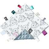 Gray Elephant Baby Tags Blanket, Cute Toddler Security Blanket with Tags, Soft Lovey Tags for Baby Gift
