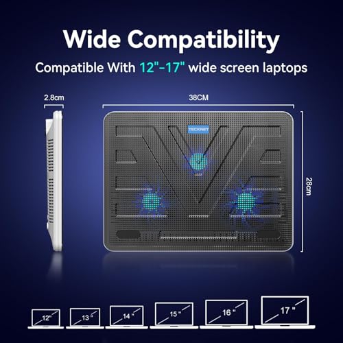 Image of TECKNET Laptop Cooling Pad, Portable Slim Laptop Cooler for 12 inch-17 inch Laptops | 60% High-Efficiency Cooling, Whisper-Quiet Design, Dual USB Ports, LED Working Indicator, Alloy Material Mesh