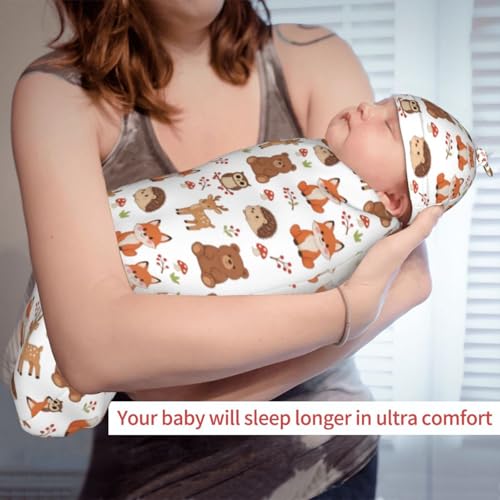 Image of Hedgehog Fox Bear Deer Newborn Baby Swaddle Blanket Woodland Theme Baby Stuff,with Beanie hat Sets, Soft Gifts for Unisex Boys Girls Shower Infant