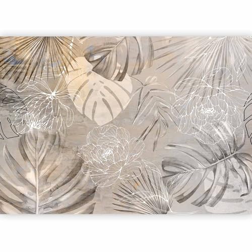 murando - Papier peint panoramique nature 350x256 cm - Revêtement mural décoration chambre salon - Design moderne - Vert marron - Monstera fleurs feuilles gris jaune...