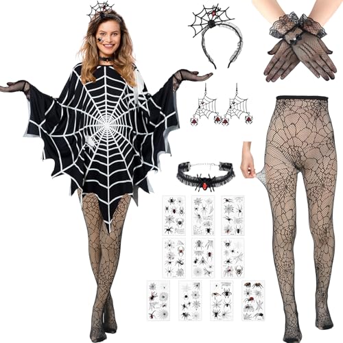Suhine 17 Pcs Halloween Gothic Woman Costume Includes Spiderweb Poncho