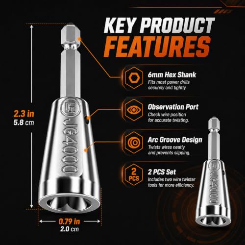 Image of Wire Twister Tool for Drill, 2026 Upgraded 40Cr Steel Wire Connector Twisting Tool with Observation Port, 6 mm Hex Shank for 9-22 AWG / 1.5-6 mm Wires, 2 Pack