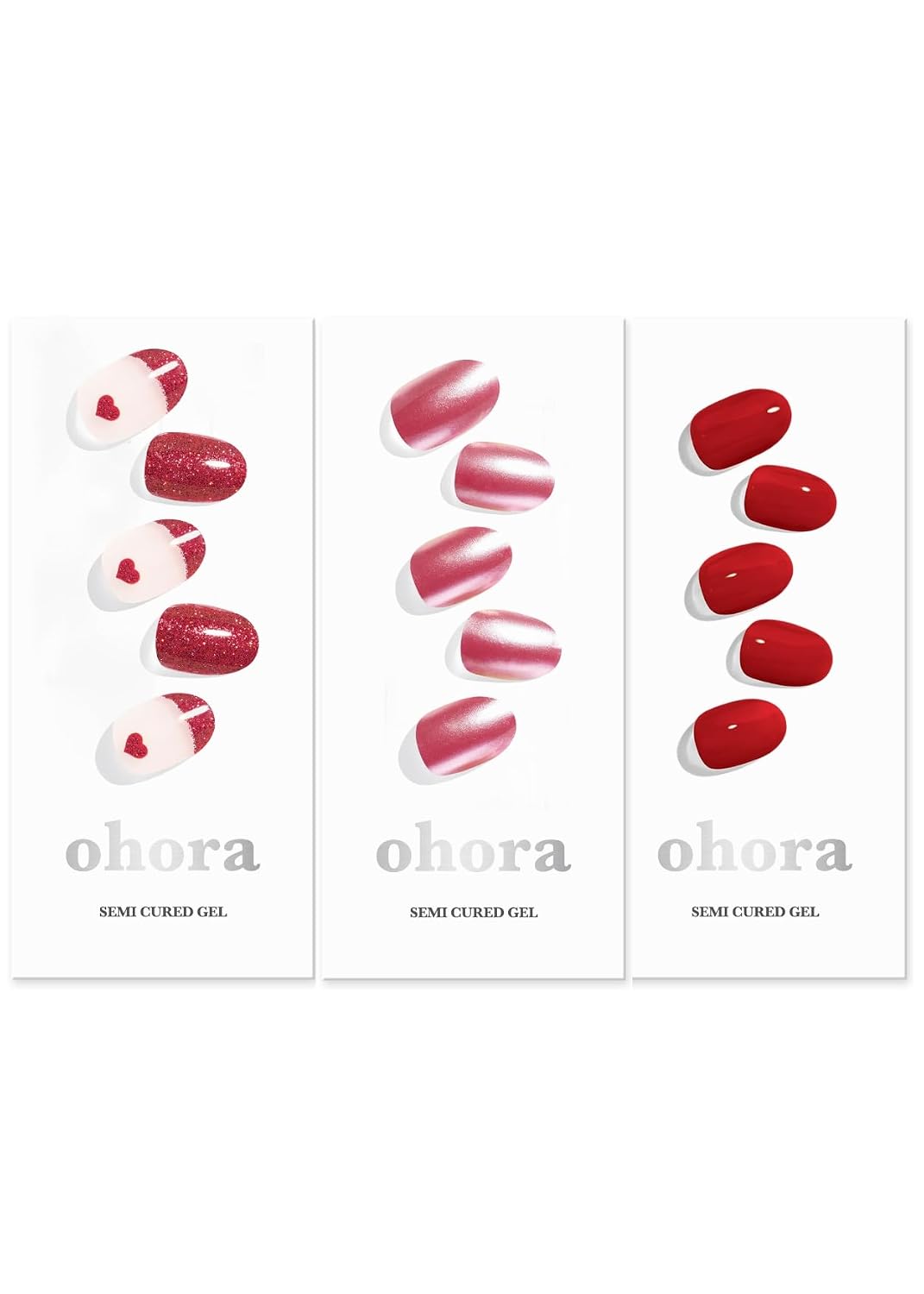 ohora Semi Cured Gel Valentine's Set of 3 (N Cupid's Heart & N Pink Chrome & N Addict) - Professional Salon-Quality Nail Care - Easy to Use, Comfortable Curing, and Easy to Remove