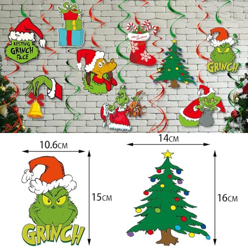 13 Pcs Grinchmas Hanging Swirl Decoration Kit Merry Christmas Decorative Ornaments Garland Xmas Tree Socks Gift Box Grinch Foil Hanging Ceiling for Xmas Winter Holiday Party Decor Supplies - Image 2