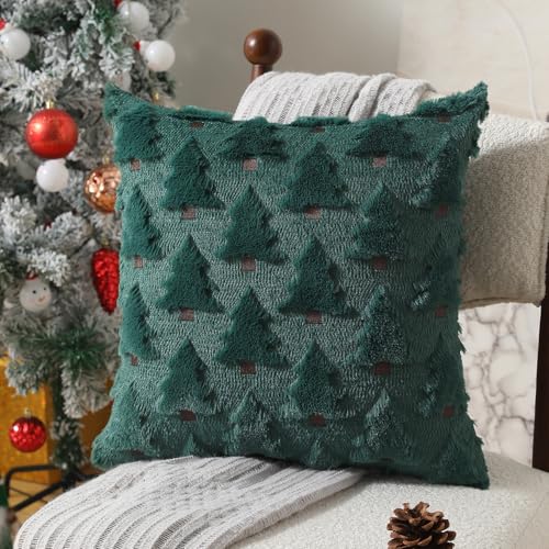 Image of Allorry Christmas Pillow Covers 16x16 inch Set of 2 Christmas Decorations Soft Plush Faux Fur Wool Green Christmas Tree Throw Pillow Cases Winter Holiday Decor for Sofa Living Room PT-002A16