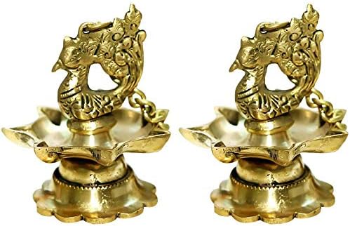 hanging & table Brass Diya | Oil Lamp | Home Decor | Diya, Deepak, Deepam (Peacock Diya Pair) with chain