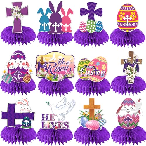 12 Pcs Easter Decorations Honeycomb Centerpiece, He is Risen Decorations Easter Table Decorations Centerpieces, Purple Easter Party Decorations Religious Easter Decorations for Table