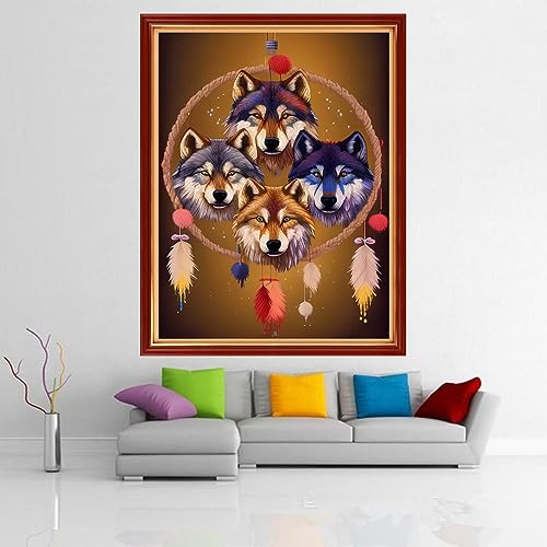Image of Dimensean Stamped Cross Stitch Kits Full Range of Embroidery Patterns Starter Kits for Beginners Adult DIY Cross Stitches Needlepoint Kits 11CT-Wolf Wind Chime 15.7x19.7 inch