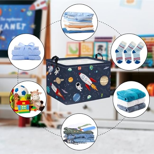 Clastyle Rocket Astronaut Shelf Basket for Boys Cosmic Planet Universe Blue Storage Bin Rectangle Clothes Books Toy Storage Cube, 36L