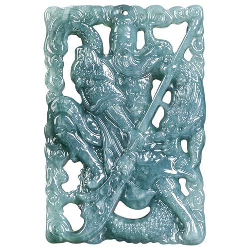 Jade Necklace for Men and Women, Wu God of Wealth Guan Gong Pendant Necklace, Hand Carved Grade A Certified Jadeite Feng Shui Guan Yu Lucky Amulet Jewelry