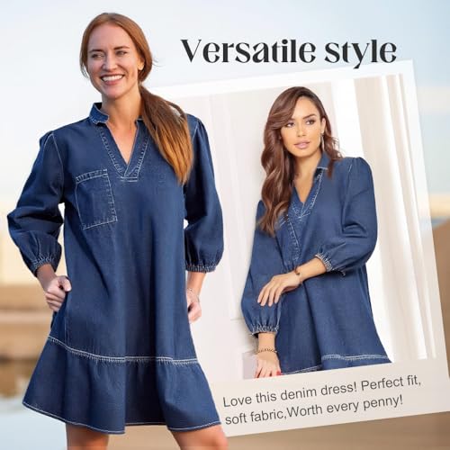 Women's V-Neck Denim Dress, 3/4 Sleeve Ruffle Loose Denim Dress Flowy Mini Jean Dresses with Pockets4