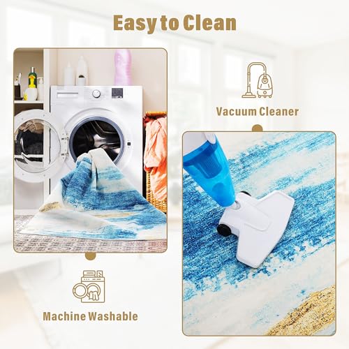 Carvapet 5x7 Large Rugs for Living Room Bedroom, Washable Blue Modern Abstract Low Pile Carpet with Rubber Backing, Foldable, Non Slip Thin Area Rug, Ultra Soft