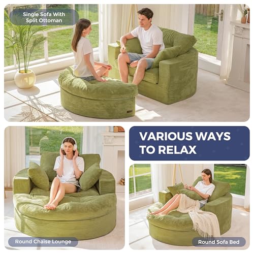 Image of MAXYOYO Oversized Round Chaise Lounge Sofa, Upholstered Lounge Chair with 3 Pillows, Boneless Sofa Couch with Ottoman, Deep Seat Chair for Living Room, No Assembly, Green