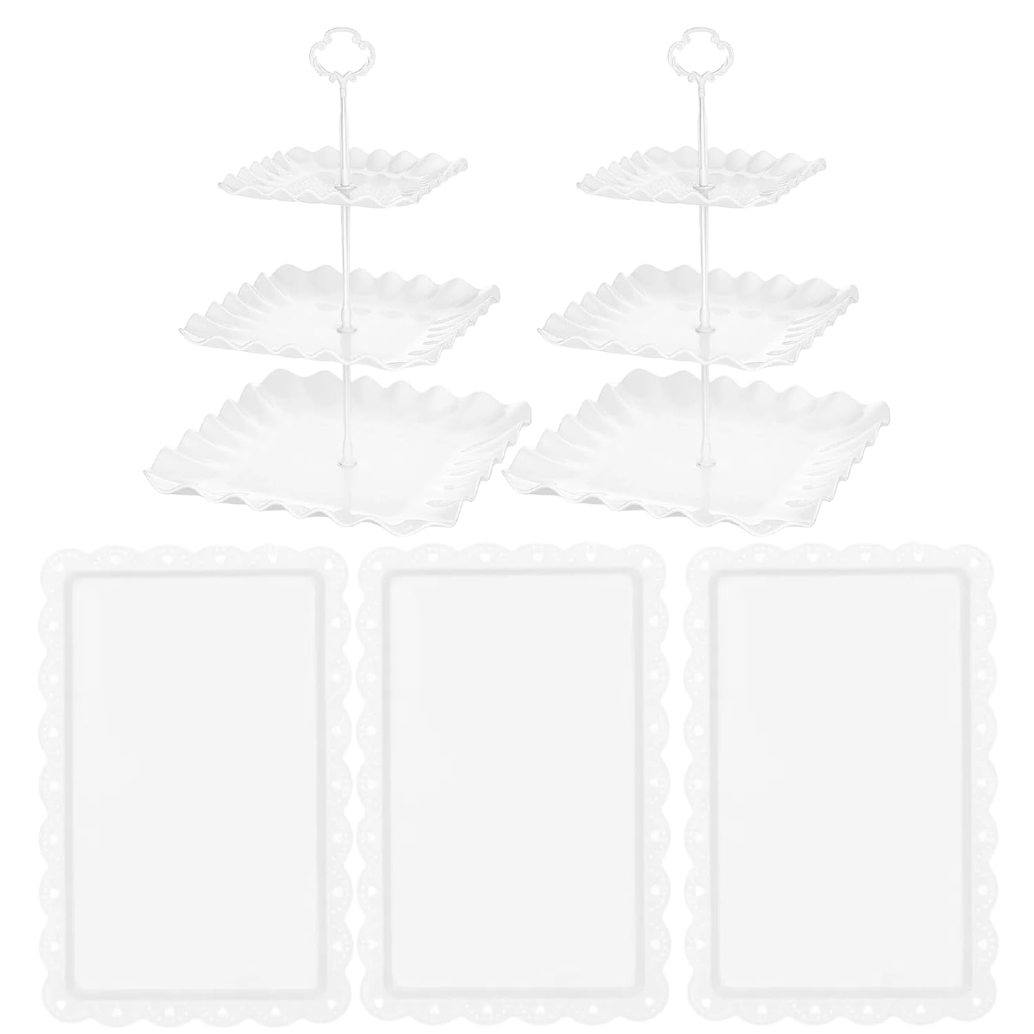 Cupcake-Ständer-Set aus Kunststoff, Desserttisch, 2 weiße quadratische 3-stöckige Cupcake-Ausstellungsständer, Kekstablett, Servierturm und 3 x 35,6 cm Kunststoff-Tabletts für Hochzeit, Babyparty