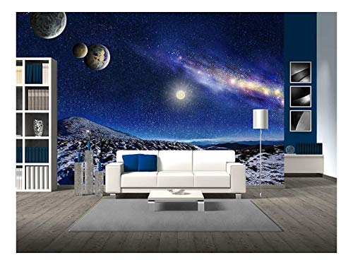 wall26 - Night Space Landscape. Milky Way Galaxy and Planets Over Mountains - Removable Wall Mural  Self-Adhesive Large Wallpaper - 66x96 inches