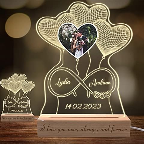 Personalized Photo Night Lamp with Name Custom Heart Acrylic 3D Illusion Light for Couples,Picture Sign Led Light with Base for Her Girlfriend Wife Valentine's Day Anniversary Cover