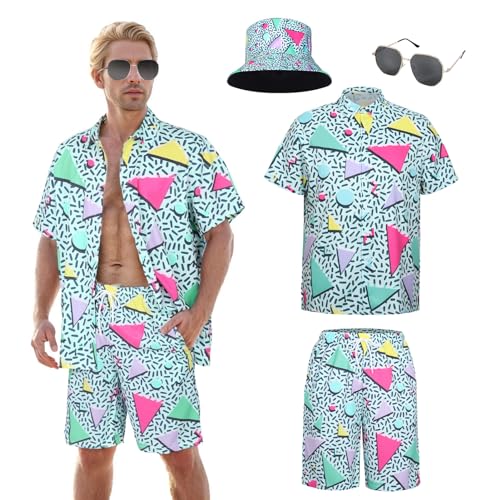 Hawaii, camicia a maniche corte, da uomo, floreale, per il tempo libero, con pantaloni corti, occhiali da sole, camicia hawaiana, elegante da uomo, per estate, vacanze, viaggi, spiaggia (Style 1, M)