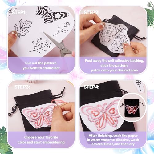Image of Magibeads 64 Patterns Butterfly Flower Water Soluble Embroidery Patterns Spring Theme Stick and Stitch Transfer Embroidery Paper for Adult Beginners Hand Sewing Starter Kit