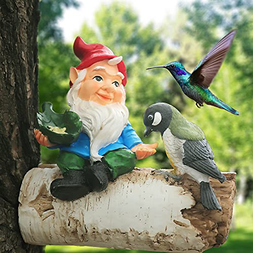 Jacriah Gnome and Bird, Garden Gnome Figurine,Bird Feeder,Funny Lawn Decoration, for Patio,Yard,Lawn or House Decor,Full Color,7.5 X 3.5 X 8 inch.