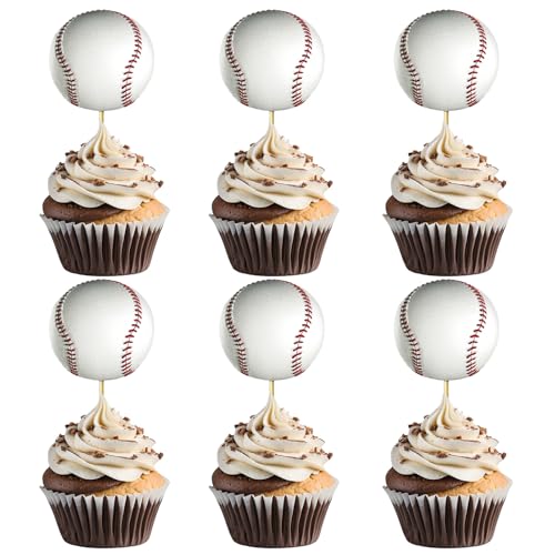 24 PCS Baseball Cupcake Toppers Double Sided Printing Ball Sports Cupcake Picks for Baseballs Theme Baby Shower Kids Birthday Party Cake Decorations Supplies