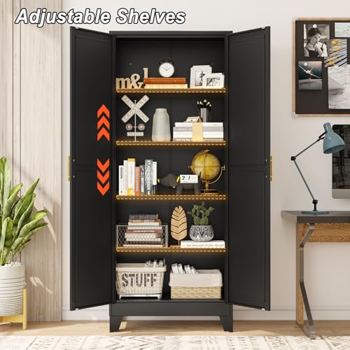 Image of winiowa Metal Pantry Cabinet with 2 Doors and Adjustable Shelves - 71 inch Kitchen Storage Cabinet with Gold Handles - Versatile Storage for Kitchen, Bathroom, Dining Room, Utility Room - Black