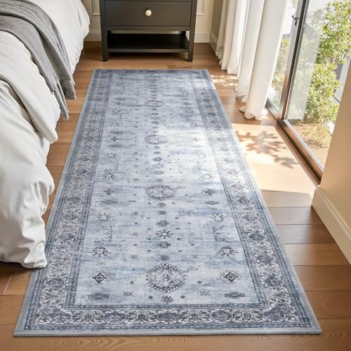 AMOAMI Vintage 2X6 Runner Rug Non Slip Soft Runners for Hallways Machine Washable Hallway Runner Bedside Rugs for Bedroom Long Rug for Hallways Entryway Laundry Room Kitchen Bathroom Blue Bo