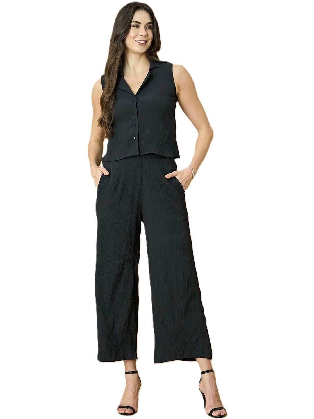 lugo Women Frontopenn Co Ord Set for Women | Sleeveless Button Front Top with Wide Leg Pants | Korean Style Loungewear, Casual, Travel Outfit, Relaxed Fit Daily Wear-picture-31