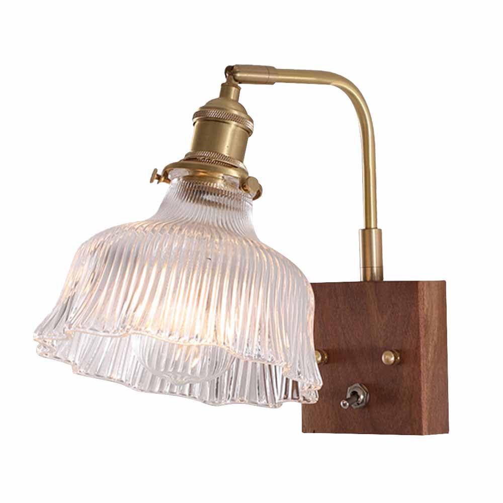 Applique da Parete in Stile Vintage in Legno a 1 Luce con Paralume in Vetro Trasparente, Finitura in Ottone Spazzolato e Oro, con Interruttore a levetta per Soggiorno, Camera da Letto, Comodino,