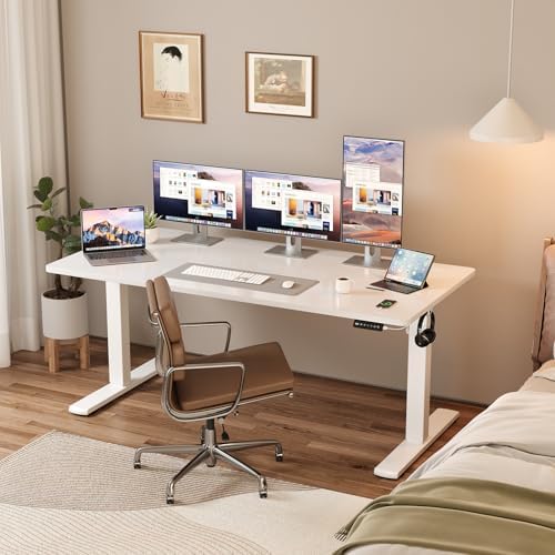 Bild 1 - JUMMICO Höhenverstellbarer Schreibtisch KOMPLETTE TISCHPLATTE Elektrischer Schreibtisch Höhenverstellbar mit Memory-Funktion Steh-Sitz Tisch Computertisch 110 x 53 cm Weiß