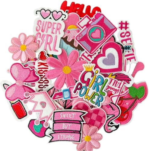 AXEN Embroidered Iron on Patches for Girls Pink Girls Applique for Clothes Hat Backpack Jeans DIY Accessories Pack of 30