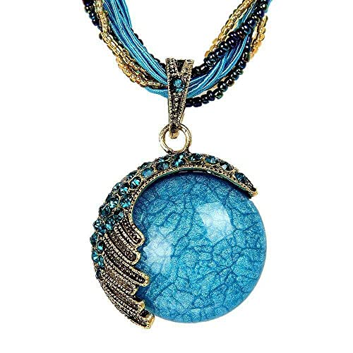 Nawjue Fashion Jewelry Retro Vintage Bohemian Style Turquoise Rhinestone Pendant Collar Chain Necklace for Women (Navy blue)