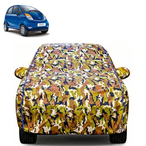 Image of Waterproof Car Body Cover for Tata Nano with Mirror Pocket| Cotton Inner Lining | Triple Stitched | All Weather Protection | Dust, UV & Rain Proof (Camouflage with Blue Piping)