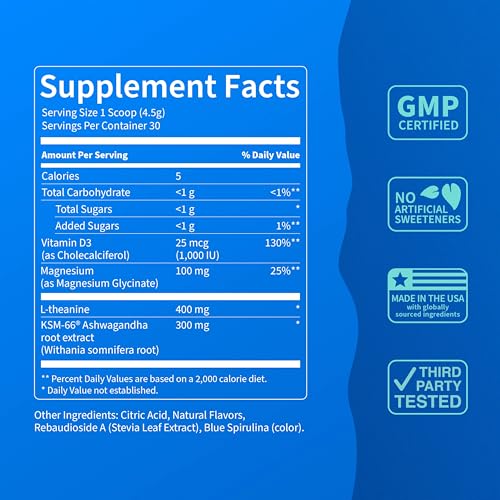 Image of Nello Supercalm Powdered Drink Mix Tub, Cortisol Reducer* and Sleep Aid Supplement, L Theanine, Ksm-66 Ashwagandha, Magnesium Glycinate, Vitamin D 3, No Sugar, Non GMO, On The Go, 30 Ct, Blue Coconut