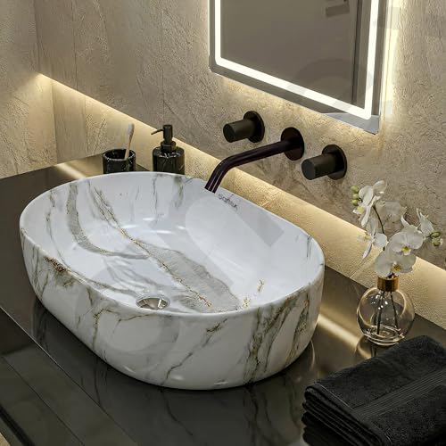 Image of Plantex Oval Ceramic Wash Basin /Tabletop Basin for Bathroom /Washbasin Sink for Home /Office (Glossy White - 21 x 14 x 6 Inch)