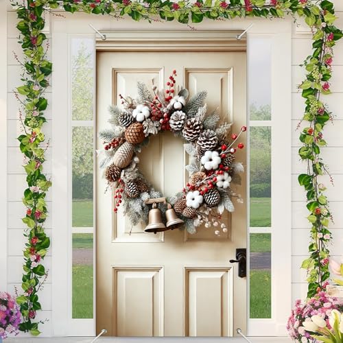 BlissYard Christmas Door Cover 71x35 Inch Rustic Pinecone and Bells Winter Door Banner with Cotton Berries and Frosted Greenery for Front Door, Porch, Indoor Outdoor Farmhouse Holiday Decoration