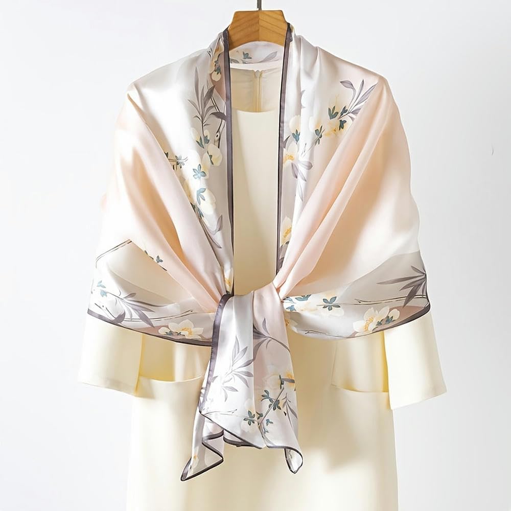 SYJYM - Elegante Bufanda de Seda Rosa Claro para Mujer, Seda Morera, diseño Vintage de pájaros y Flores, Chal Transpirable