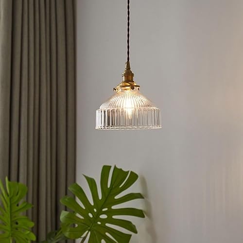 Miniatura 3 de Industrial Vintage Clear Ribbed Glass Pendant Light, E27 Brass Finish, Adjustable Retro Hanging Lamp for Kitchen Island, Dining Room, Bedroom, Bar,